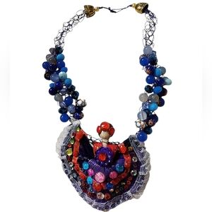 Mexican corn husk doll wide dress folk art necklace